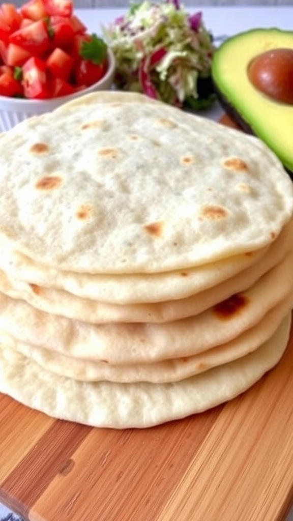 A stack of warm homemade tortillas on a wooden board with fresh ingredients for tacos in the background.